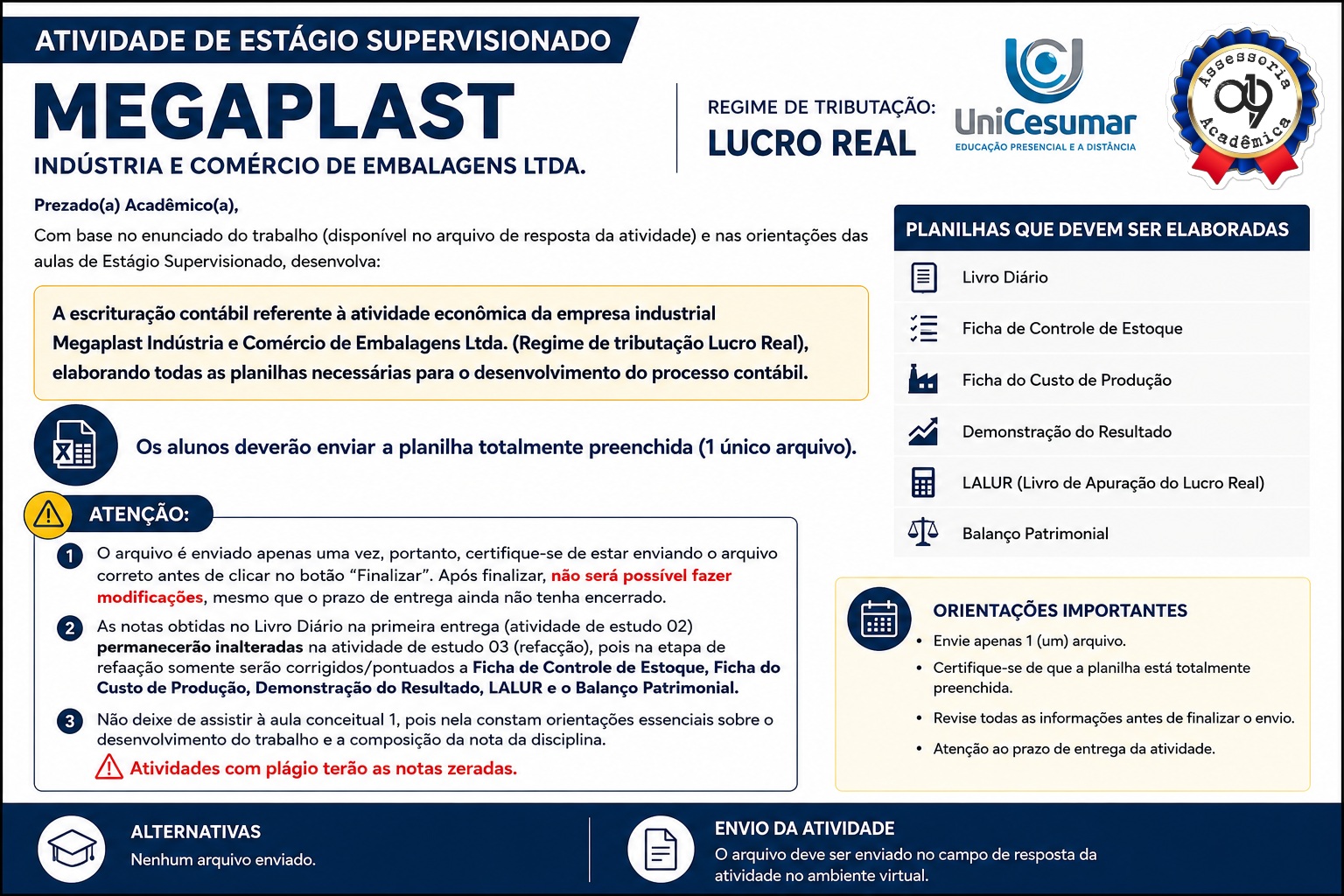 Atividade de Estágio Supervisionado Megaplast - Escrituração Contábil Lucro Real com Livro Diário, Estoque, Custo de Produção, DRE, LALUR e Balanço Patrimonial