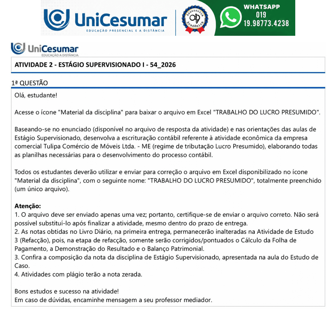 RESPOSTA TRABALHO DO LUCRO PRESUMIDO