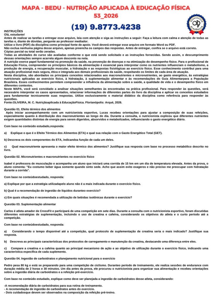 Questão 01. Efeito térmico dos alimentos