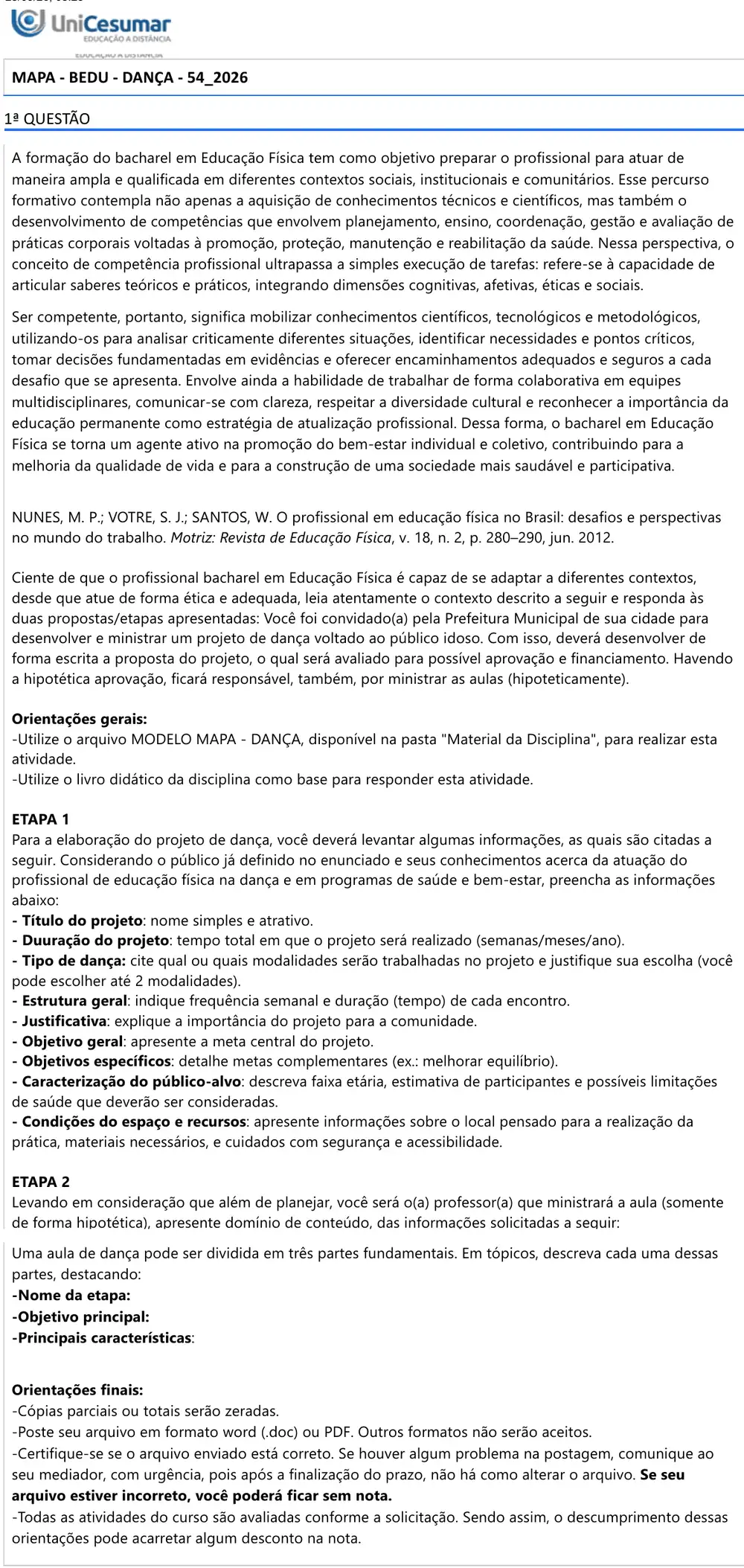 MAPA PROJETO DE DANÇA PARA IDOSOS